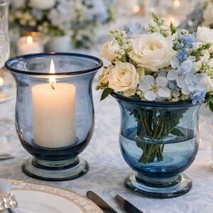 NWT (2) Crate & Barrel Blue Sanibel Hurricane candleholders / small vases